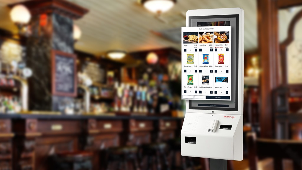 SelfService kiosk showing associated items feature once clicked on item with blurry pub background