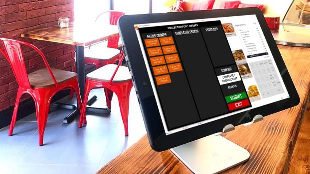An ICRTouch CollectionPoint order status display being used in a fast food restaurant