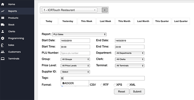 PLU Sales Report Tag Field showing BADGER Tag