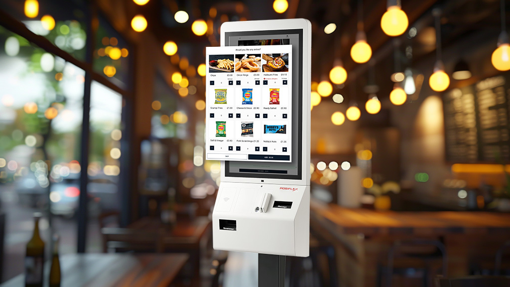 SelfService kiosk showing associated items feature once clicked on item with blurry pub background