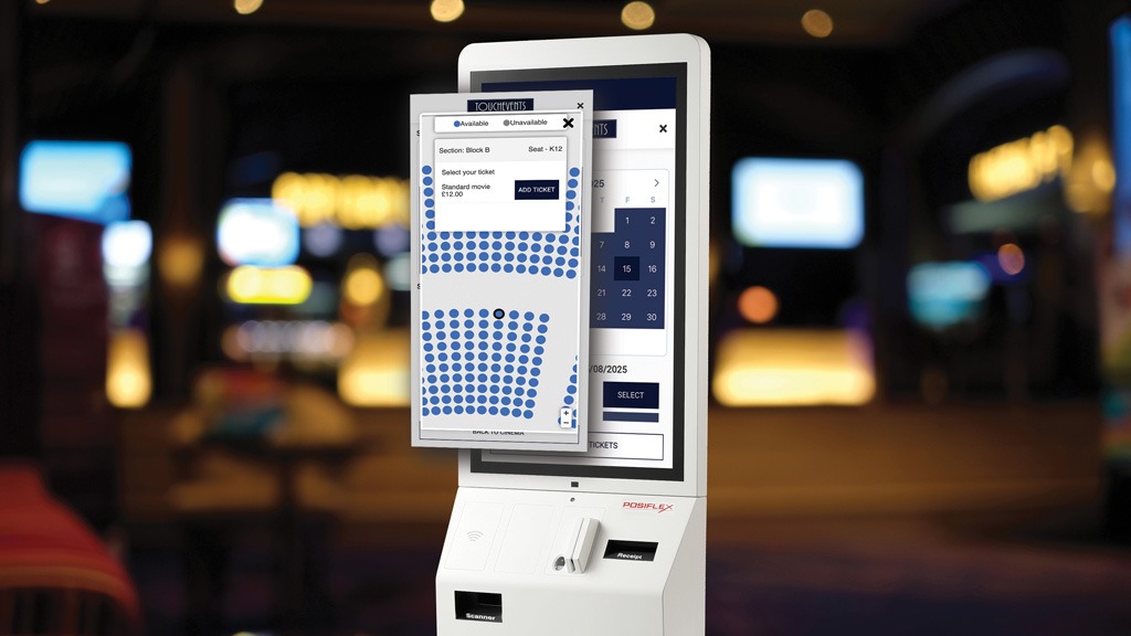 SelfService kiosk in a cinema with a pop out screen showing the seating plan on Ticketing