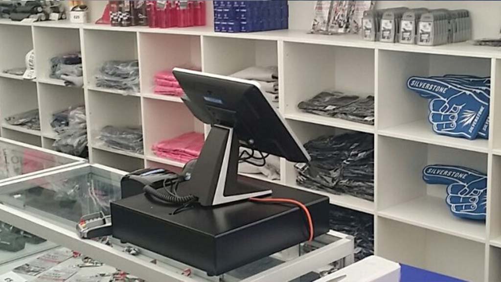 Till system behind counter at Silverstone retail outlet