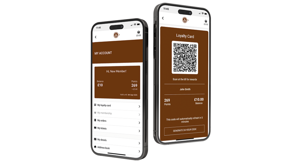 2 phones showing customer loyalty screens in TouchTakeaway