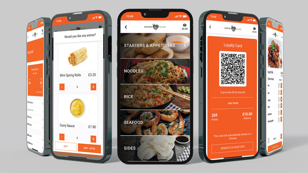 Multiple phones showing different capabilities of ByTable for a takeaway business