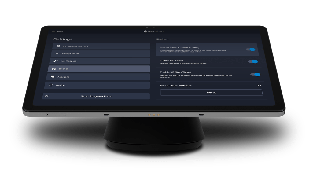 TouchPoint lite kitchen printer settings on tablet