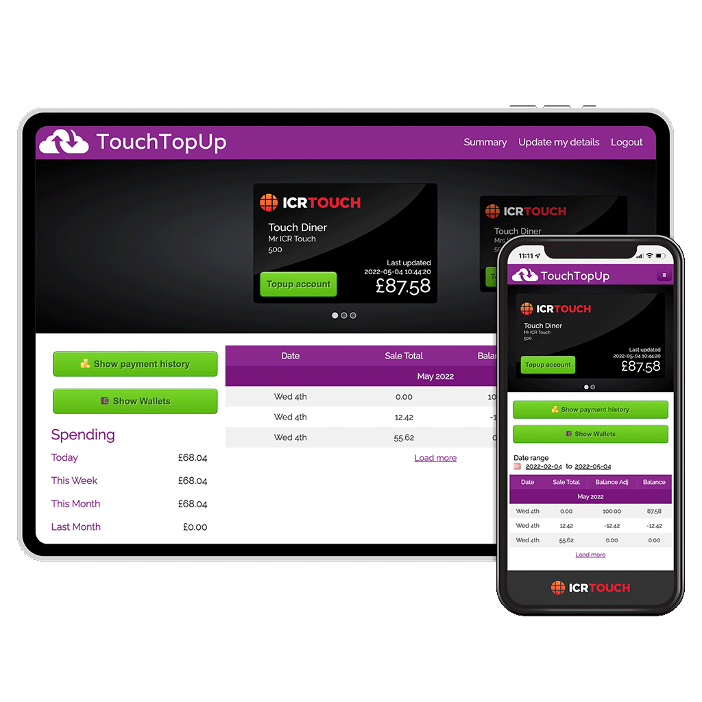 TouchTopUp home screen displaying balance and payment history on iPad and iPhone