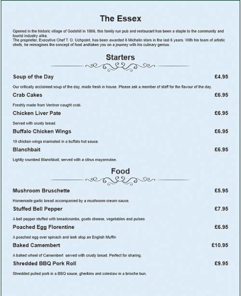 An example printed menu from TouchOffice Web